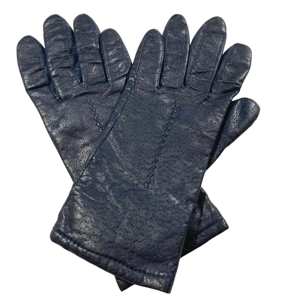 Fownes Women 6.5 Navy Blue Leather Lined Driving Gloves Minimalist Classic Gift